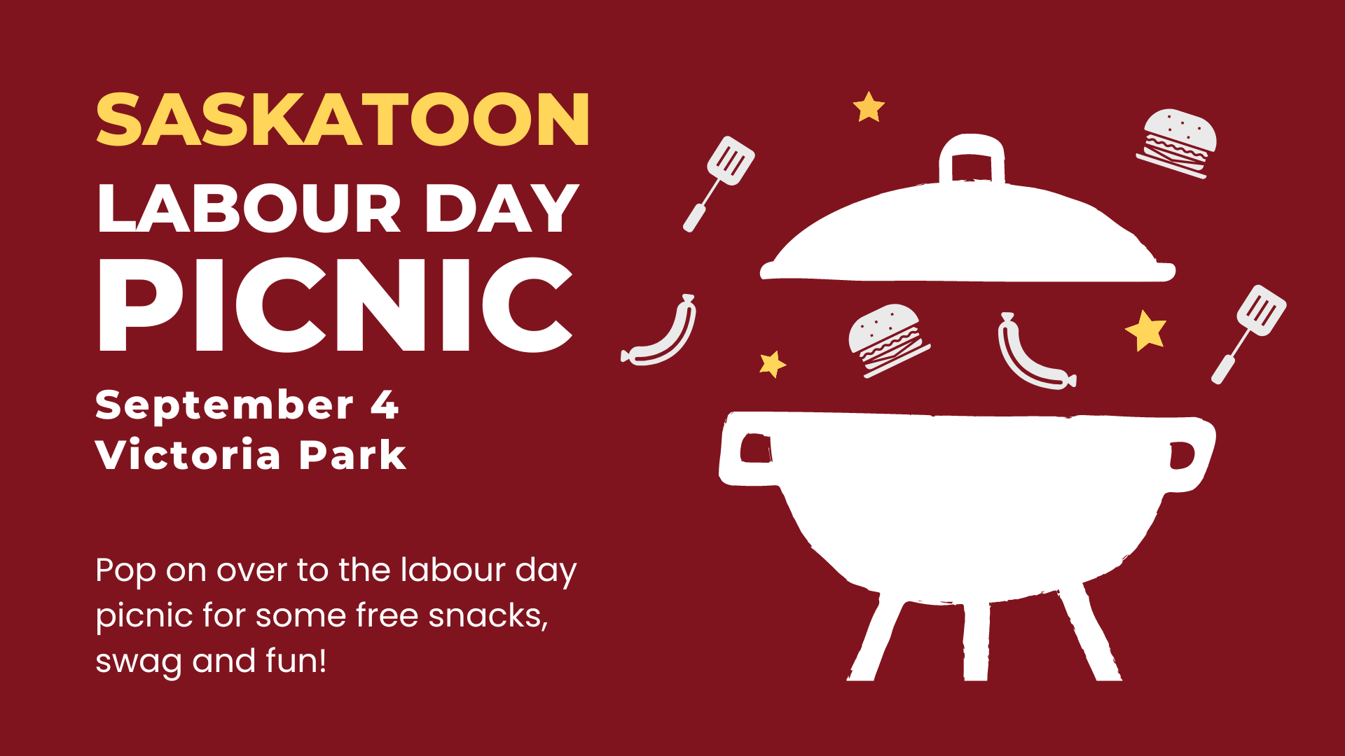 Graphic of a dome-shaped barbeque with text promoting the Saskatoon Labour Day picnic.